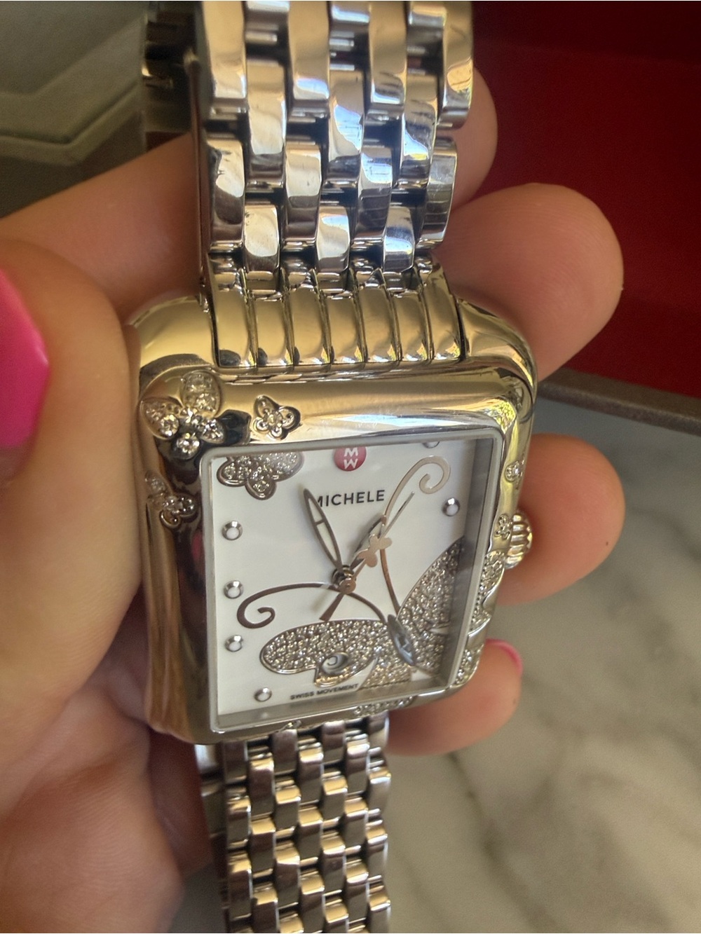 Michele Silver Stainless Steel Butterfly Diamond Accent Watch - White Dial - Picture 9 of 14